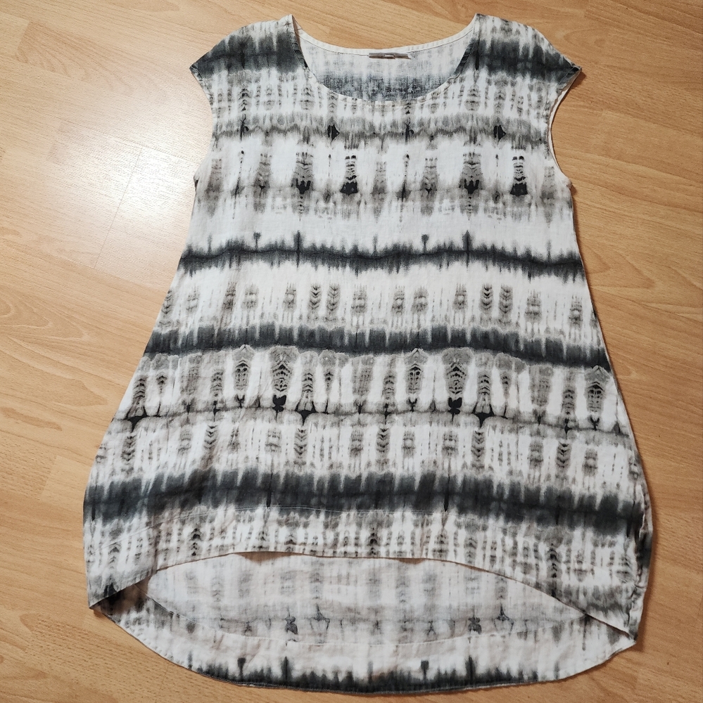 Bryn Walker 100% Linenā Tunic Top White Black Grey Tie Dye Size Medium Lagenlook